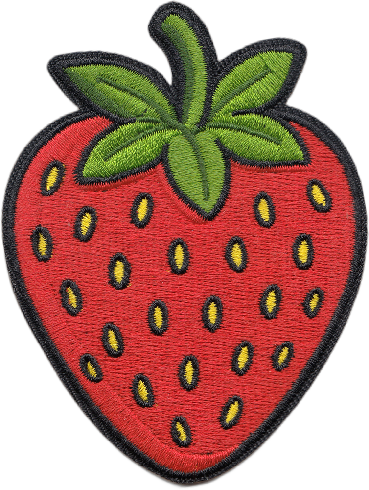 Embroidered patch of a strawberry with a green leaf on a white background