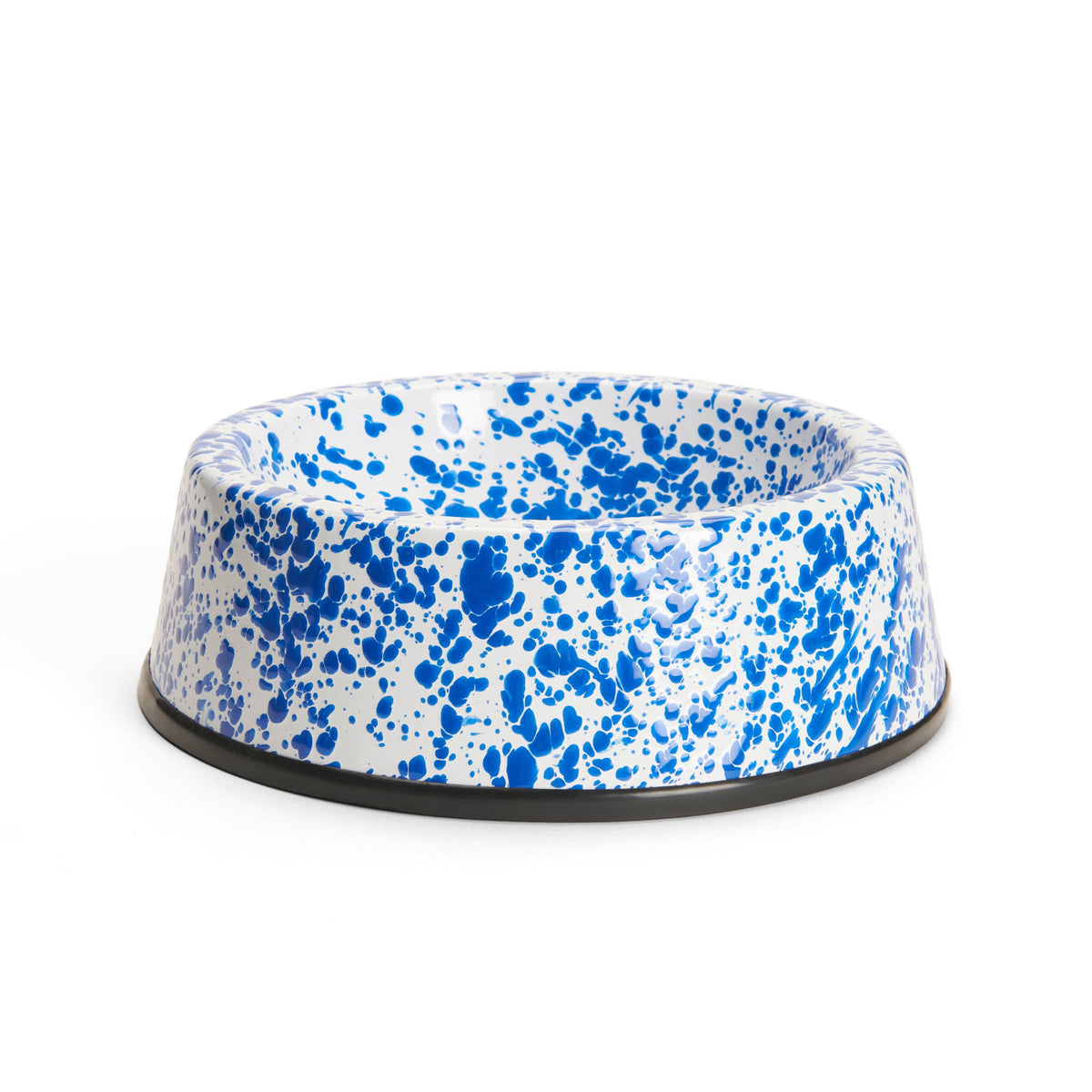 Blue and white speckled pet bowl on a white background