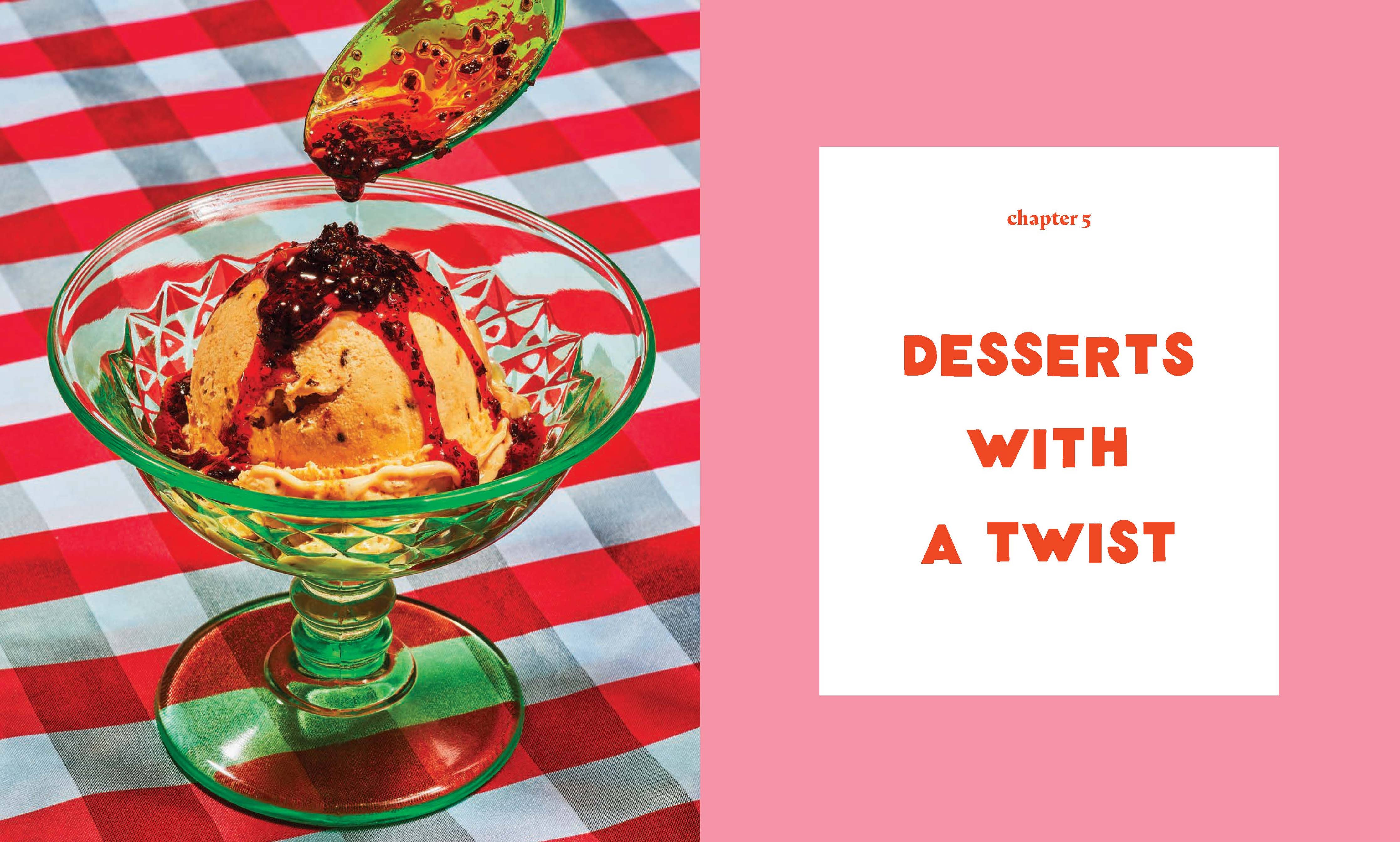 Dessert in a green glass bowl with a red and white checkered background and text 'DESSERTS WITH A TWIST'.