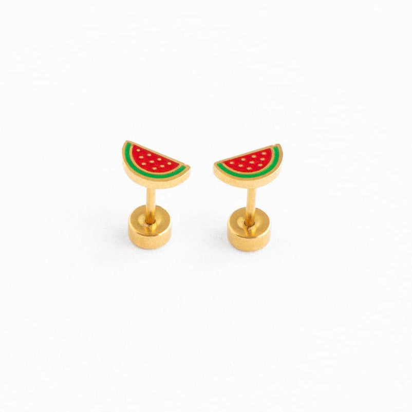 Pair of watermelon flat-back gold earrings laying on a white background 