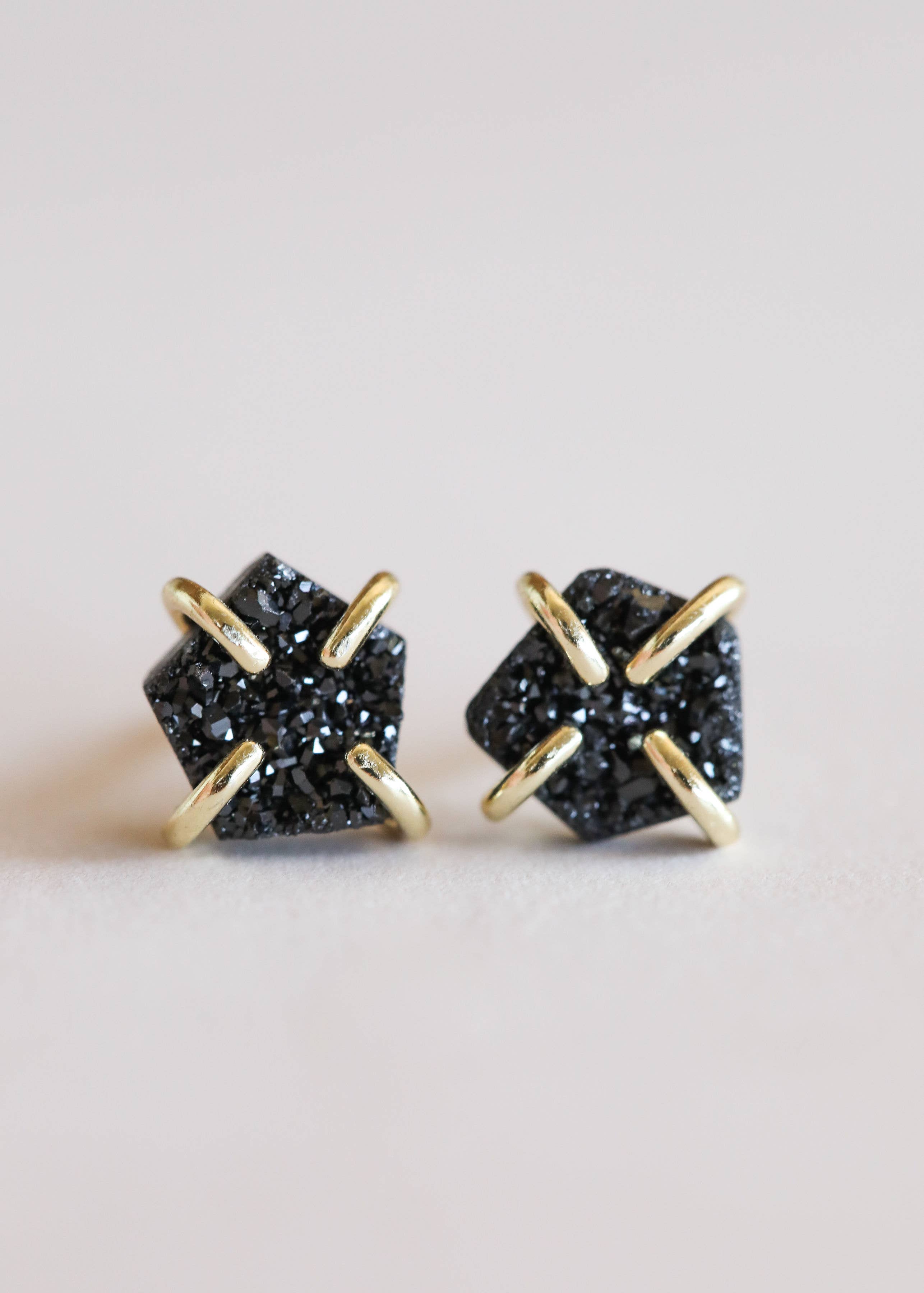 Black Druzy Stone Prong stud Earrings