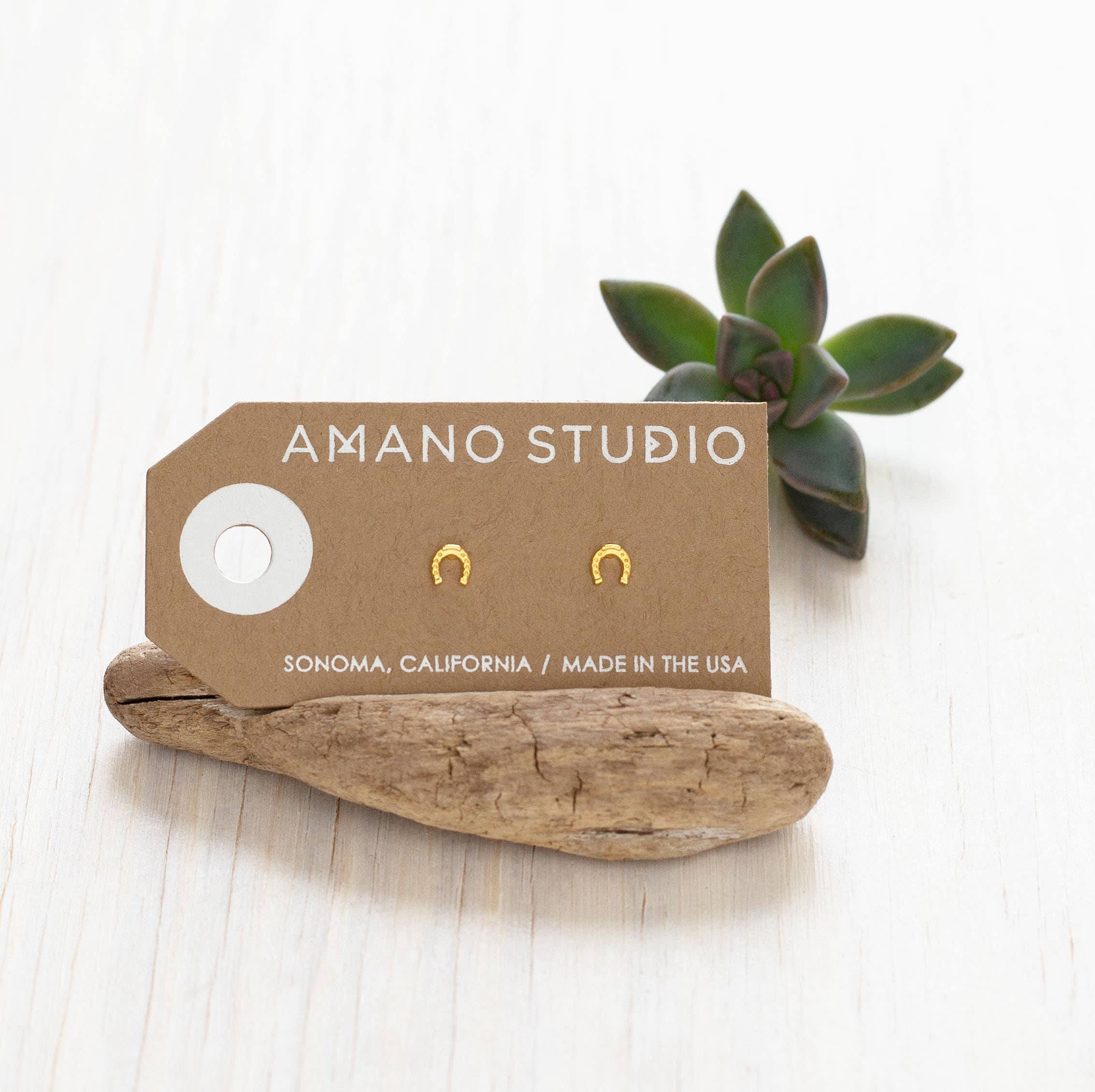 Amano Studio earrings on a driftwood piece with a plant in the background