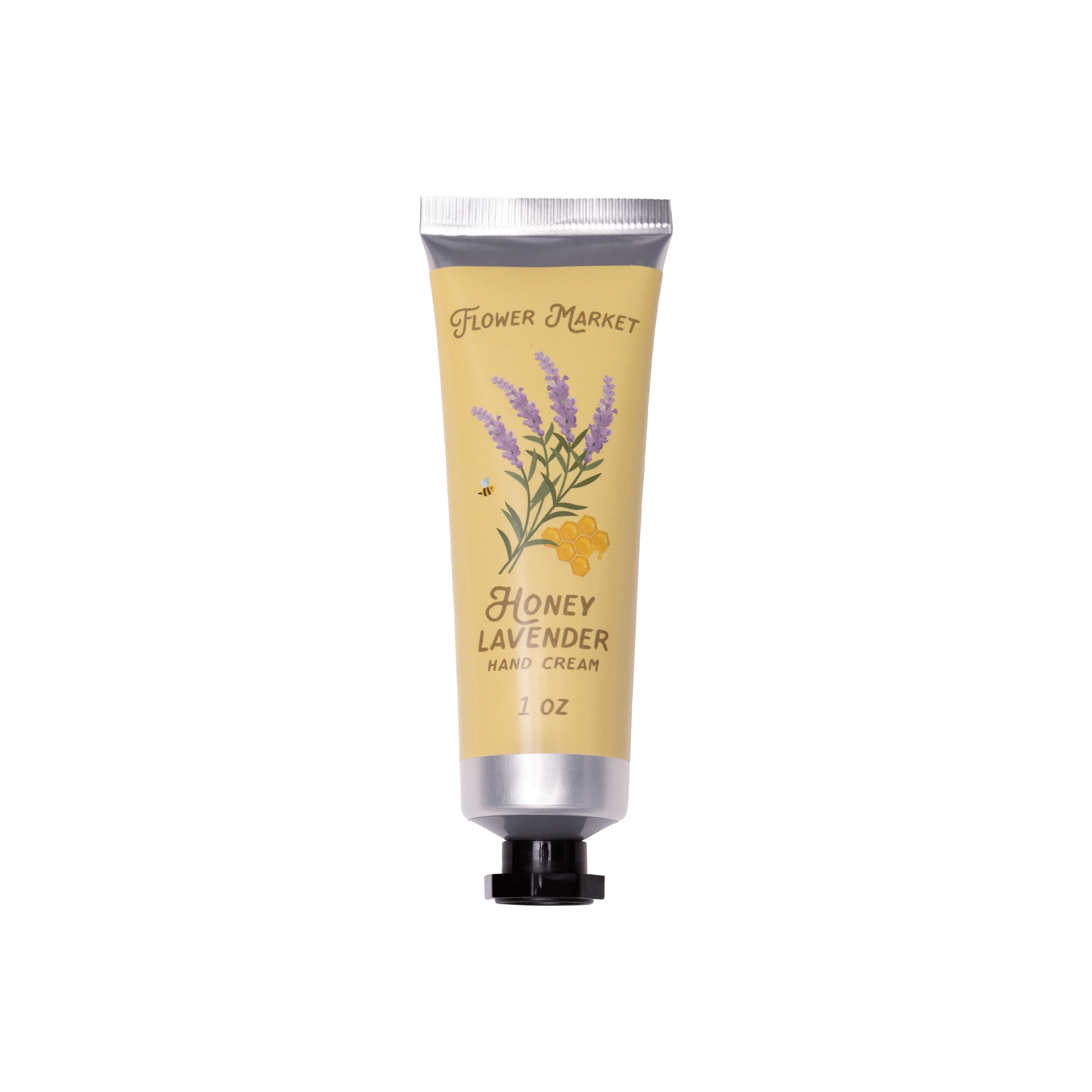 Hand cream tube labeled 'Flower Market Honey Lavender' on a white background