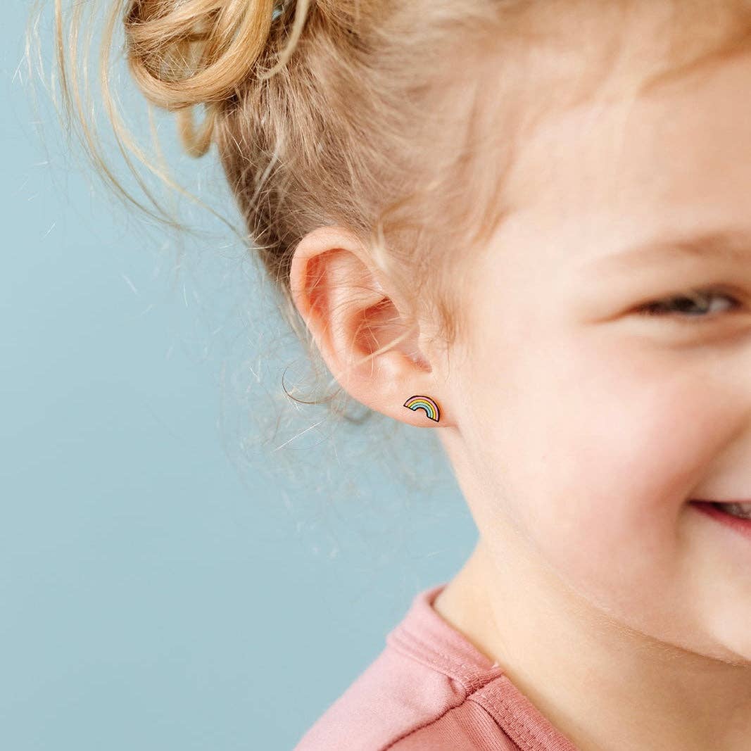 Child wearing Pair of Pastel hue rainbow flat back earrings