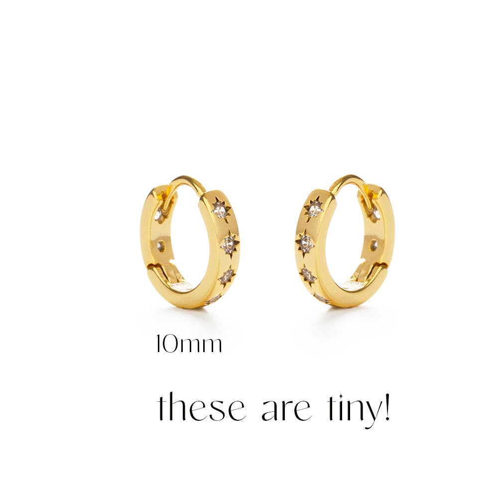 Gold hoop earrings with small diamonds on a white background, labeled '10mm these are tiny!'.