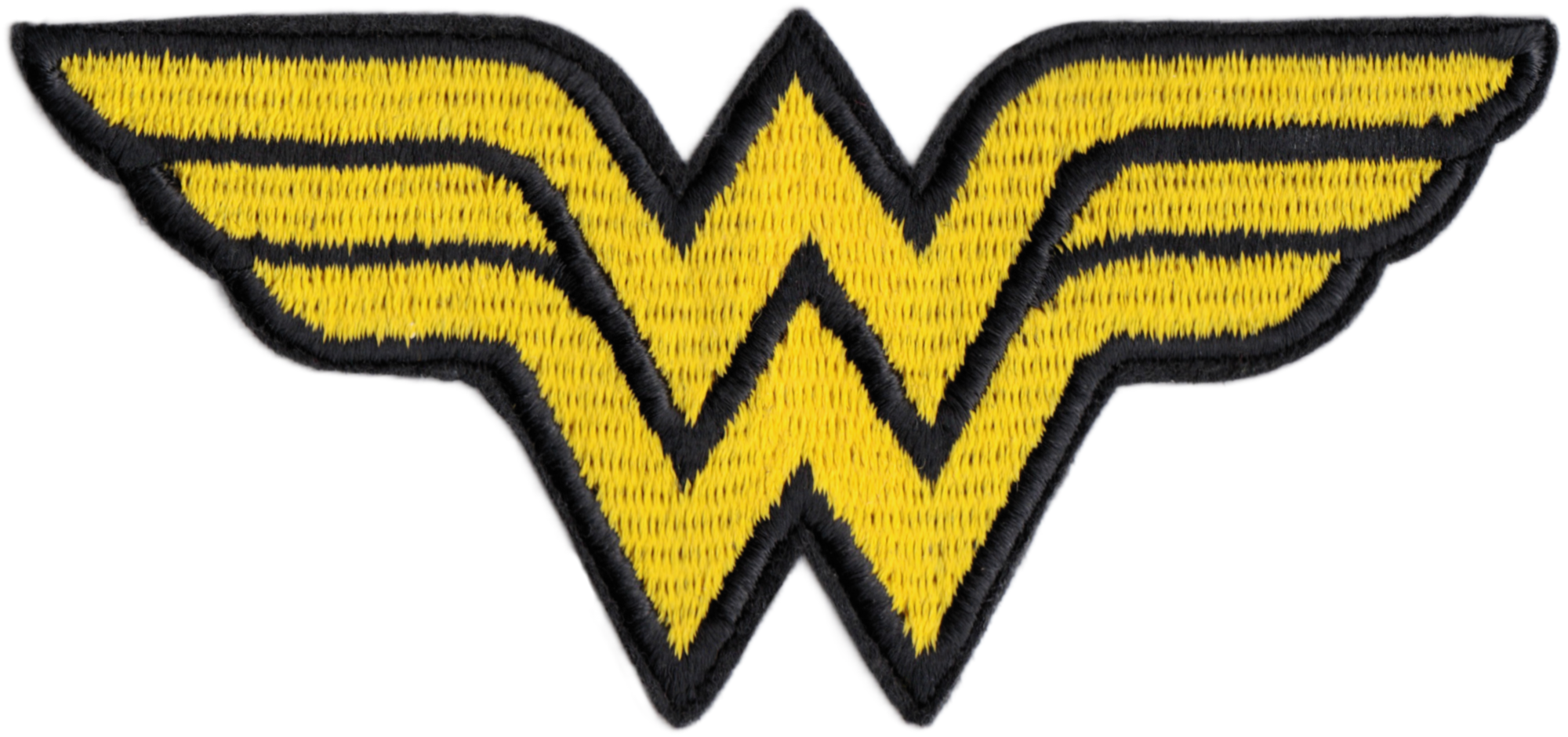 Yellow and black Wonder Woman logo patch on a white background
