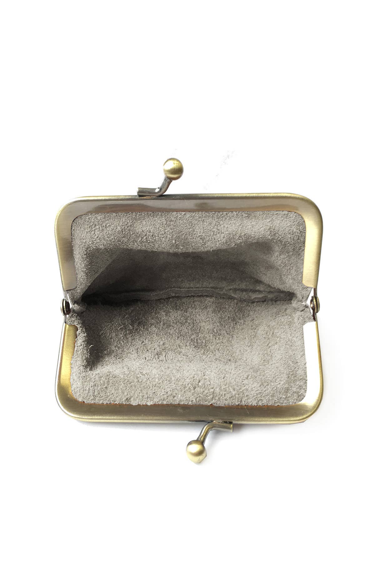 An open vintage-style kiss-lock clutch purse with a gold-toned metal frame and a textured gray fabric lining, shown against a plain white background.