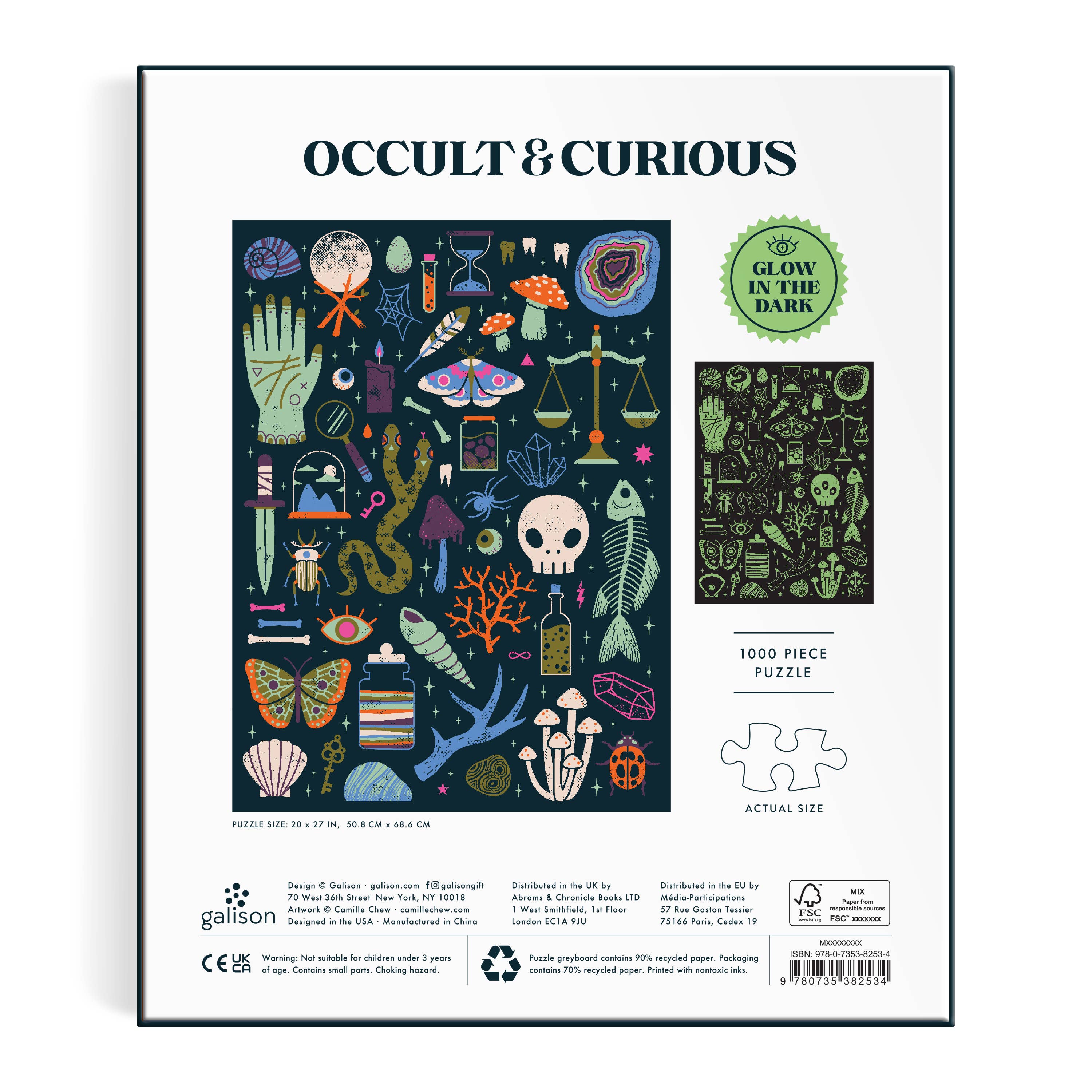Glow-in-the-dark puzzle packaging with illustrations and branding on a white background