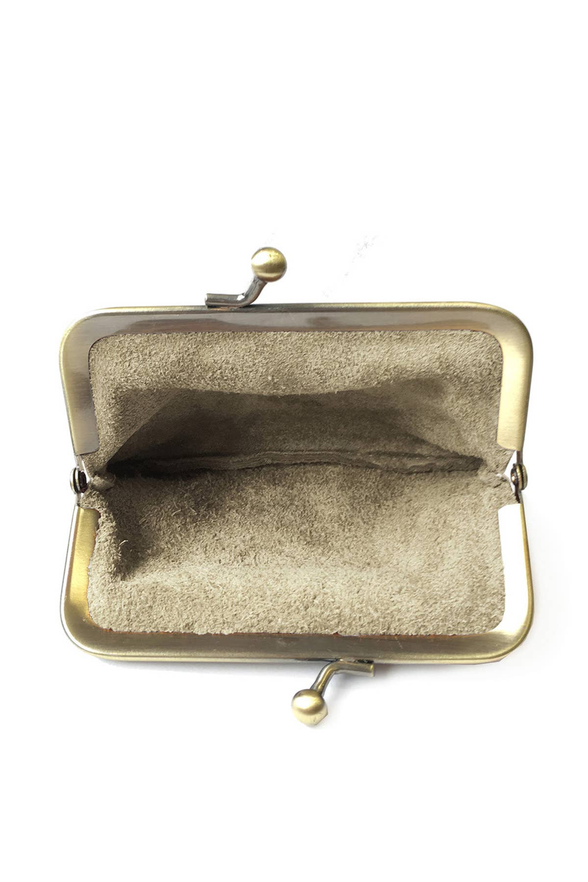 An open vintage-style kiss-lock clutch purse with a gold-toned metal frame and a textured beige fabric lining, shown against a plain white background.