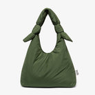 big green quilted, puffy, double knot, recycled material shoulder bag