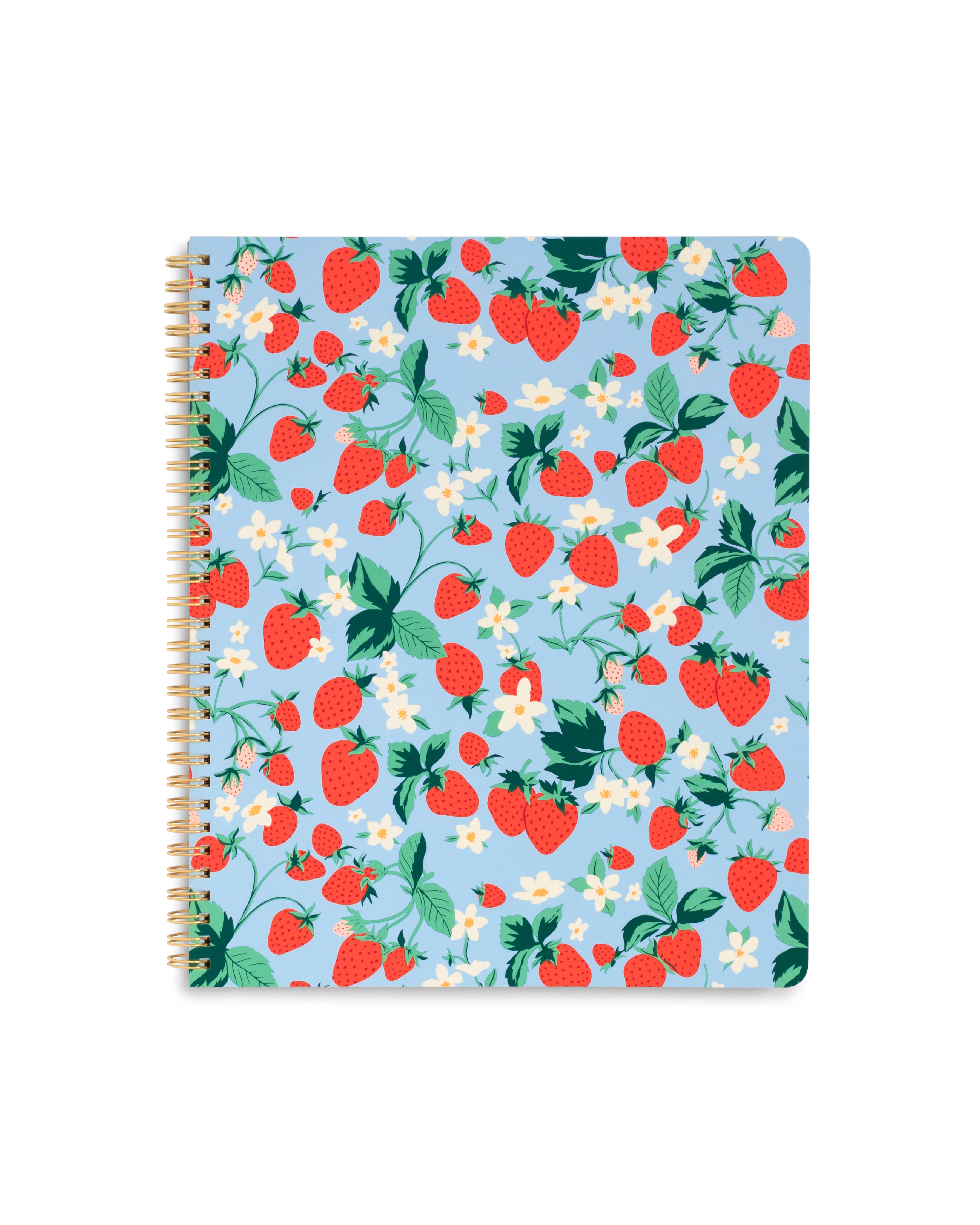 Blue spiral lined notebook with strawberries and white flowers