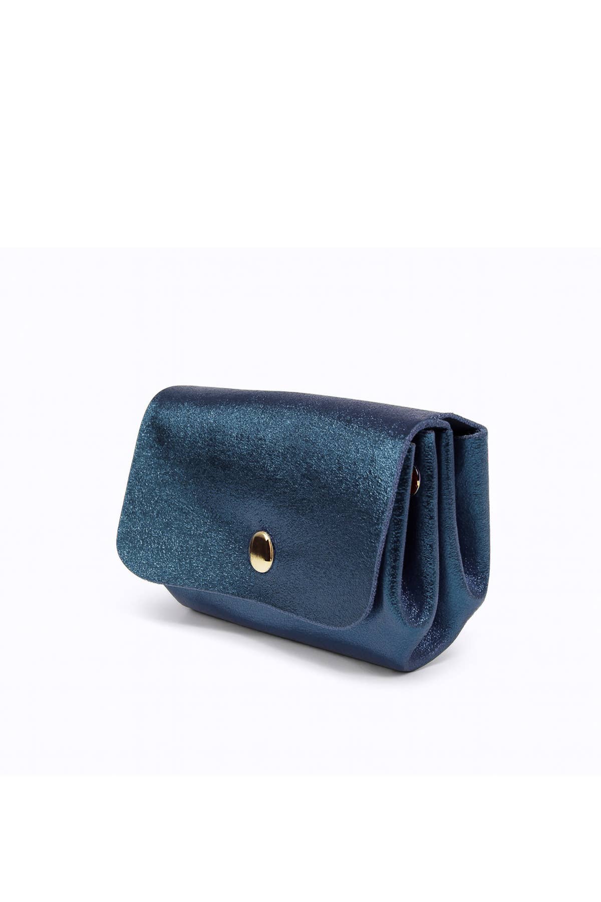 Blue leather wallet with a gold button on a white background