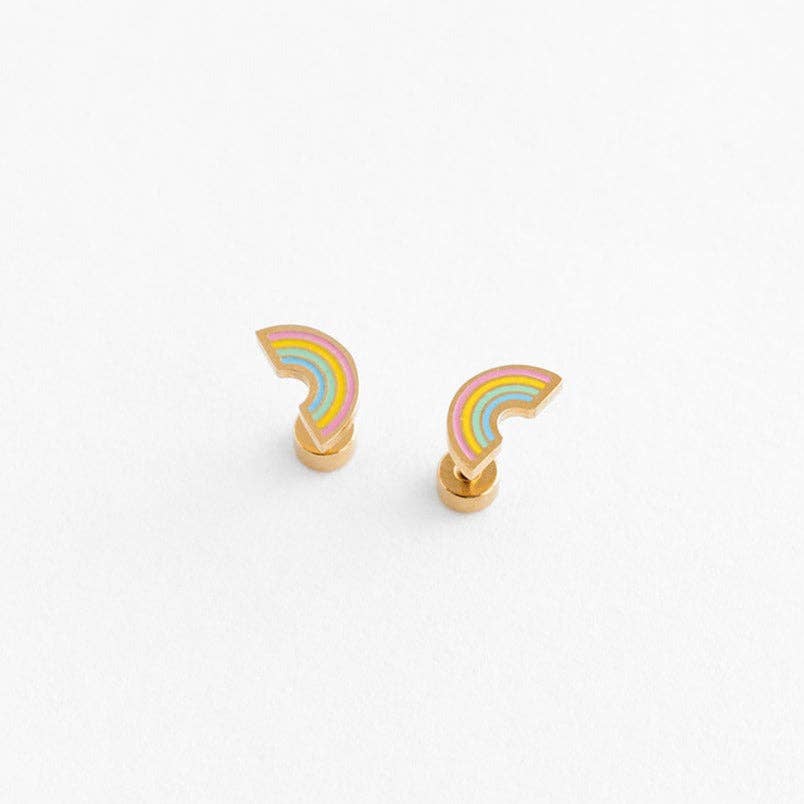 Pair of Pastel hue rainbow flat back earrings laying on a white surface 