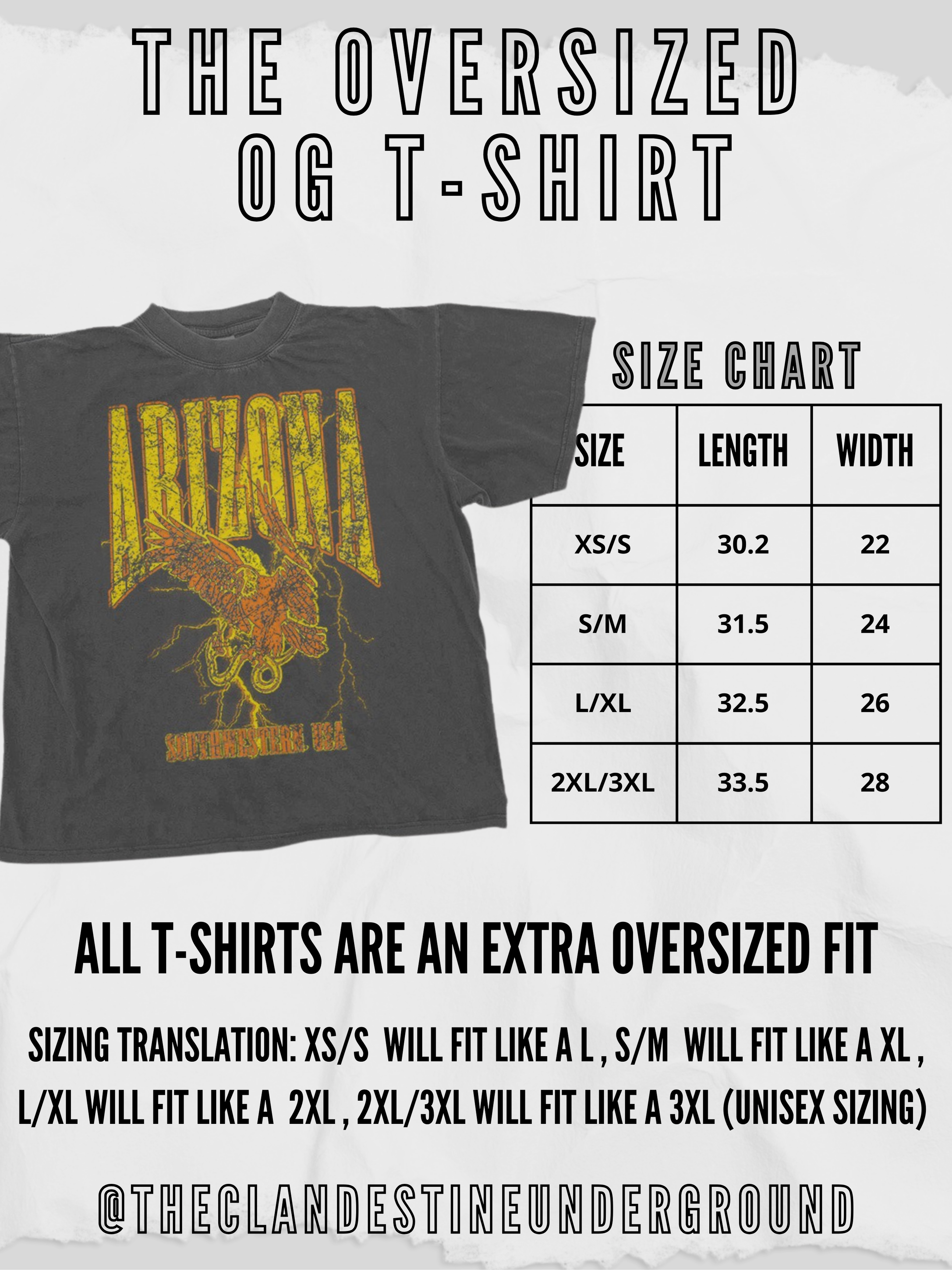 Grey t-shirt with white background. size chart and black words describing the fit and sizing of t-shirts.