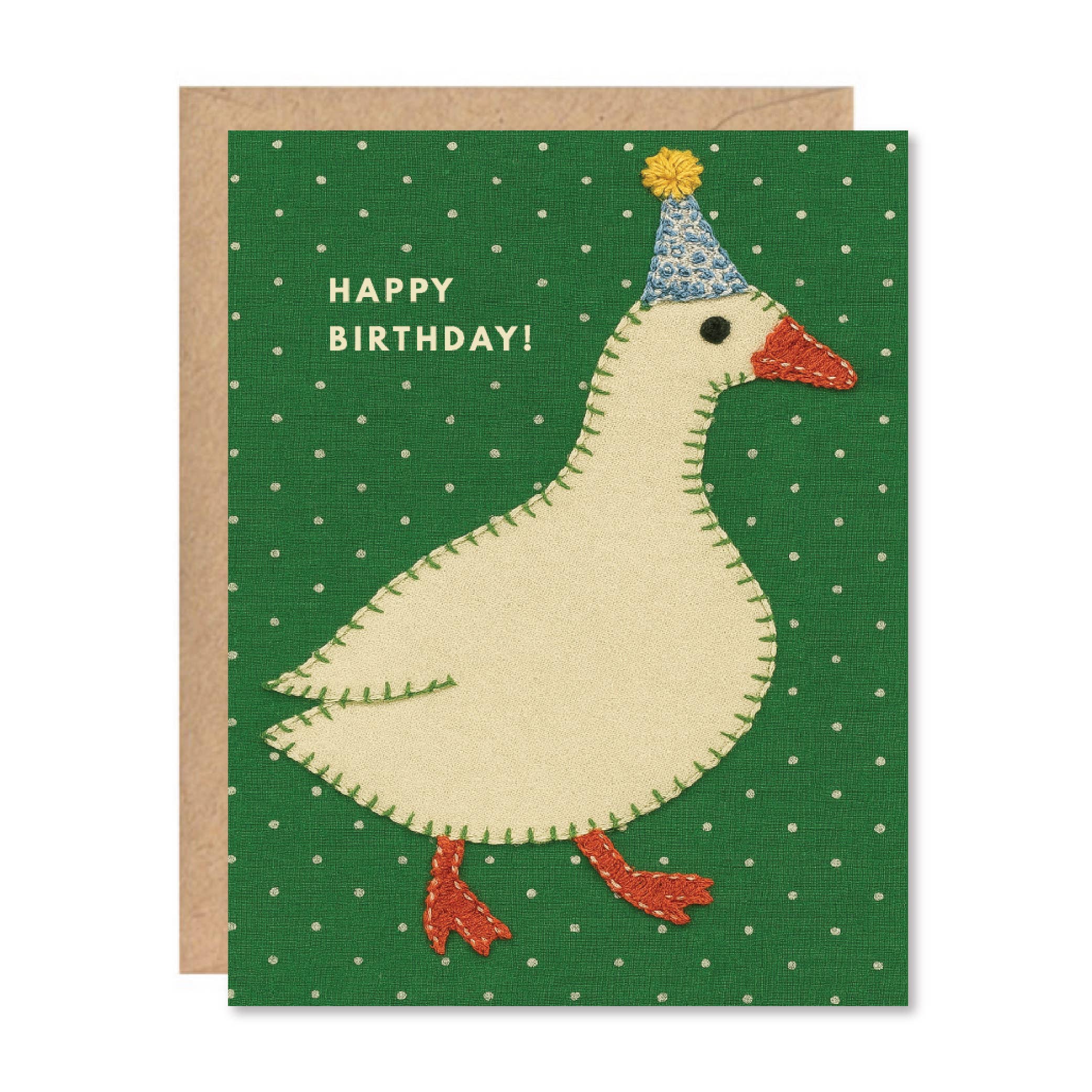 Birthday card with a goose illustration and 'Happy Birthday!' text on a green polka dot background.
