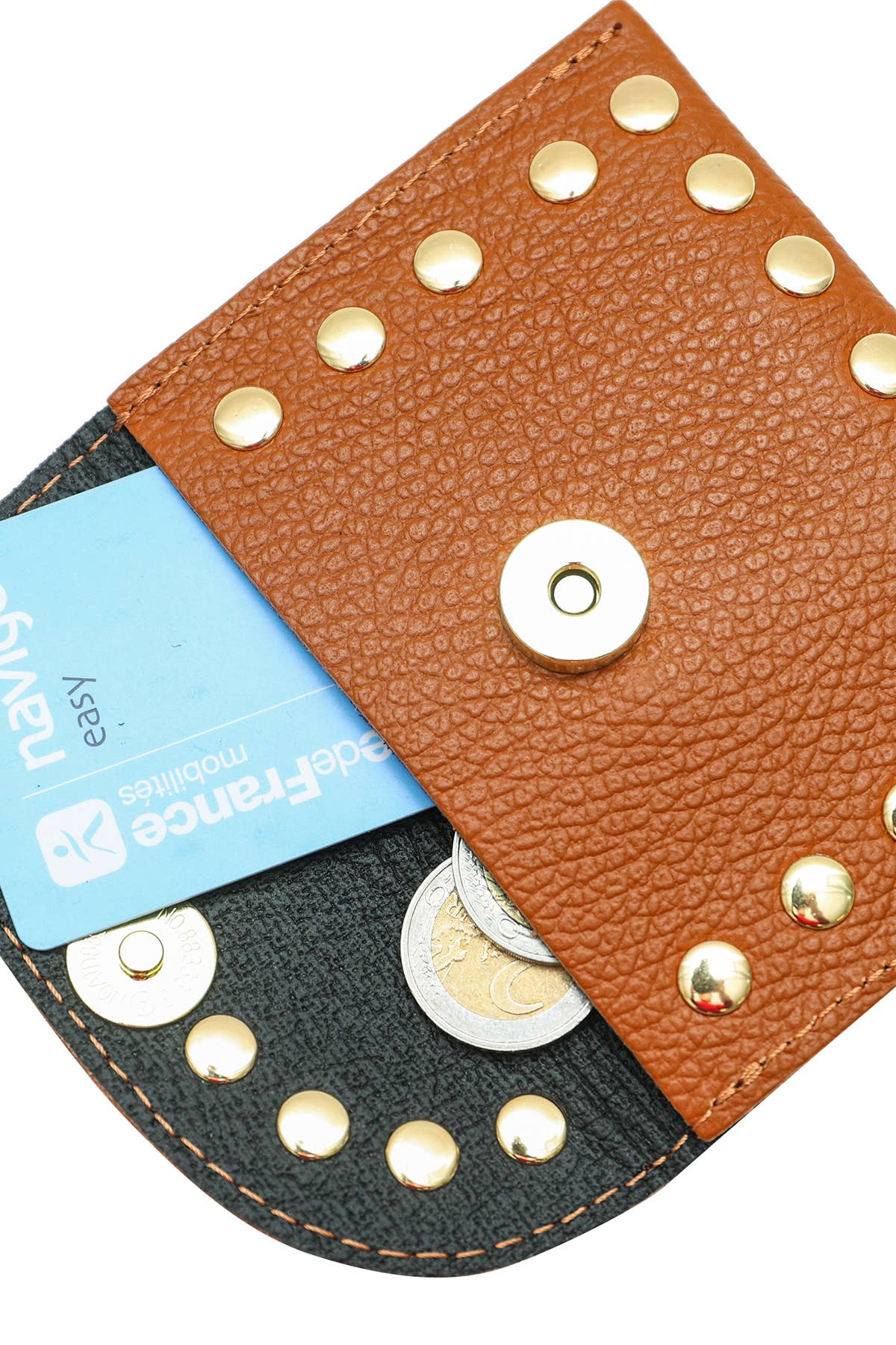Chestnut brown flap wallet with gold embellishes outlining the wallet. Wallet is holding cards and coins 