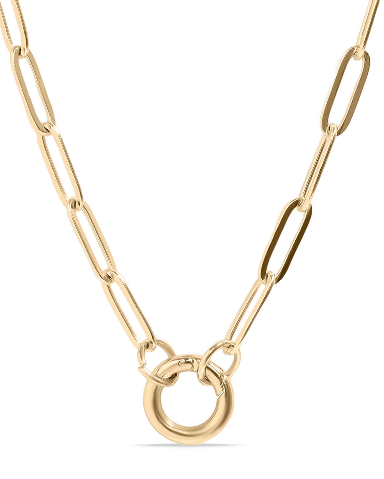 Gold chain necklace with a unique clasp on a white background
