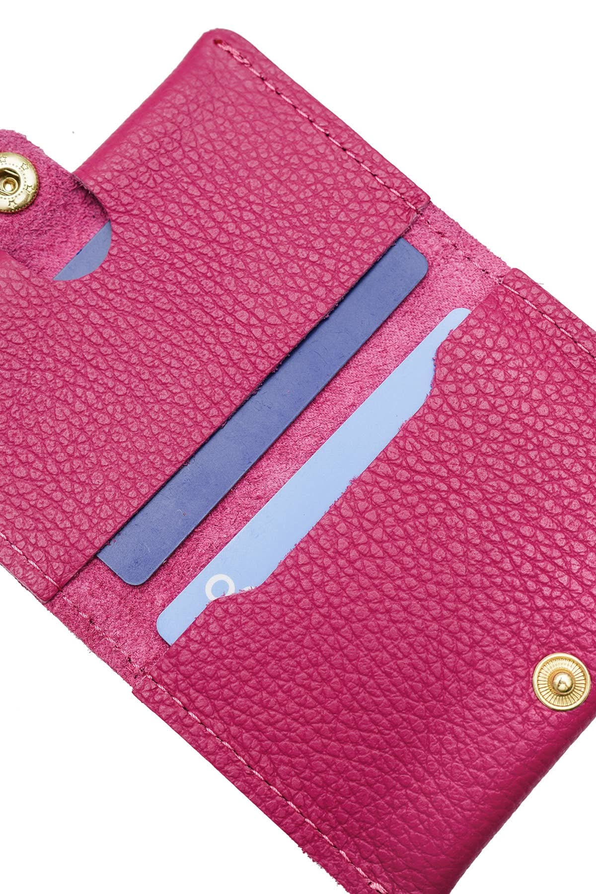 Inside look at pink Grained cowhide leather card holder with gold Snap button closure