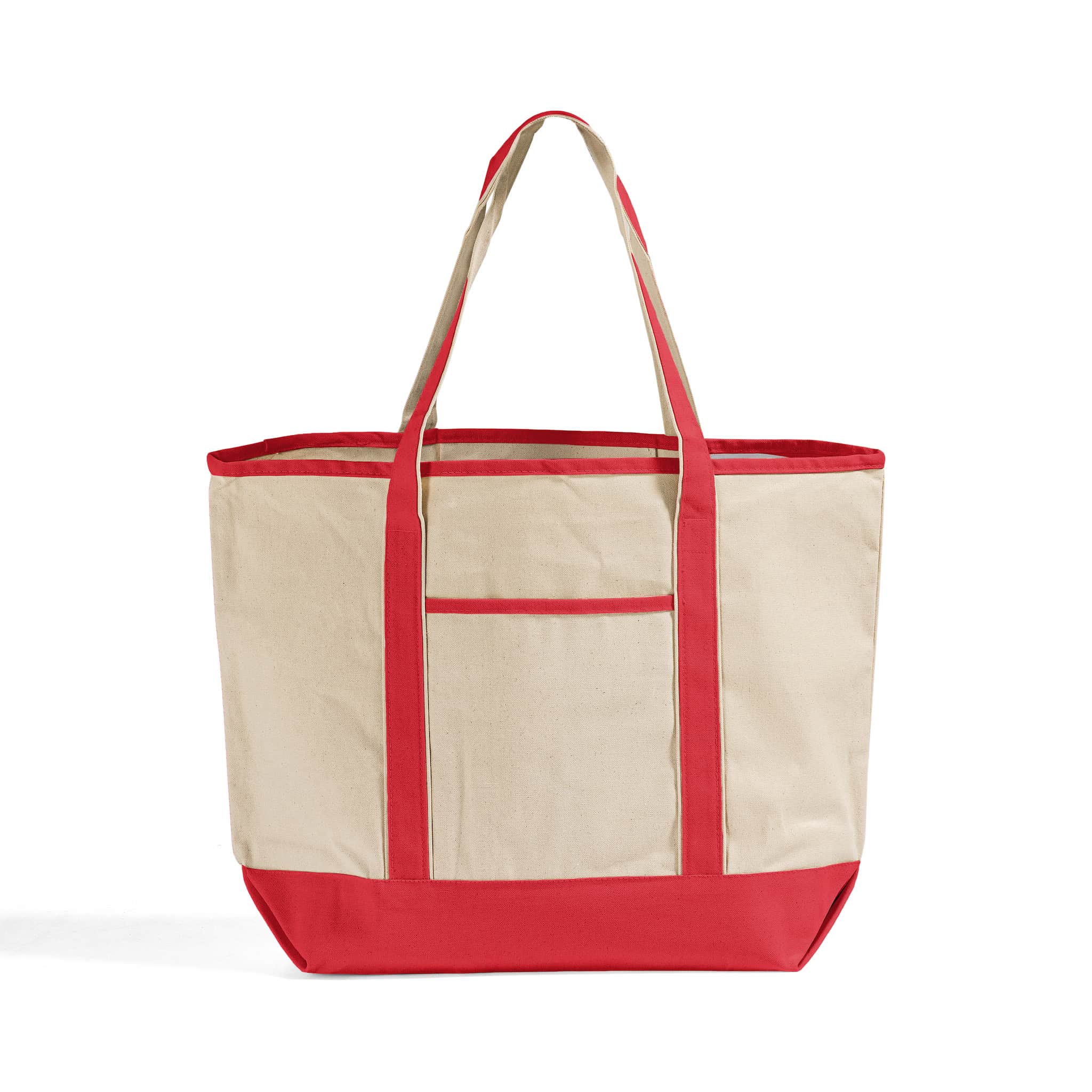 Beige and red tote bag on a white background