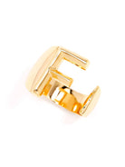 Gold adjustable letter ring on white background in letter F