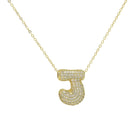 Gold CZ water droplet style initial necklaces with all 26 letters a through z featuring the letter J