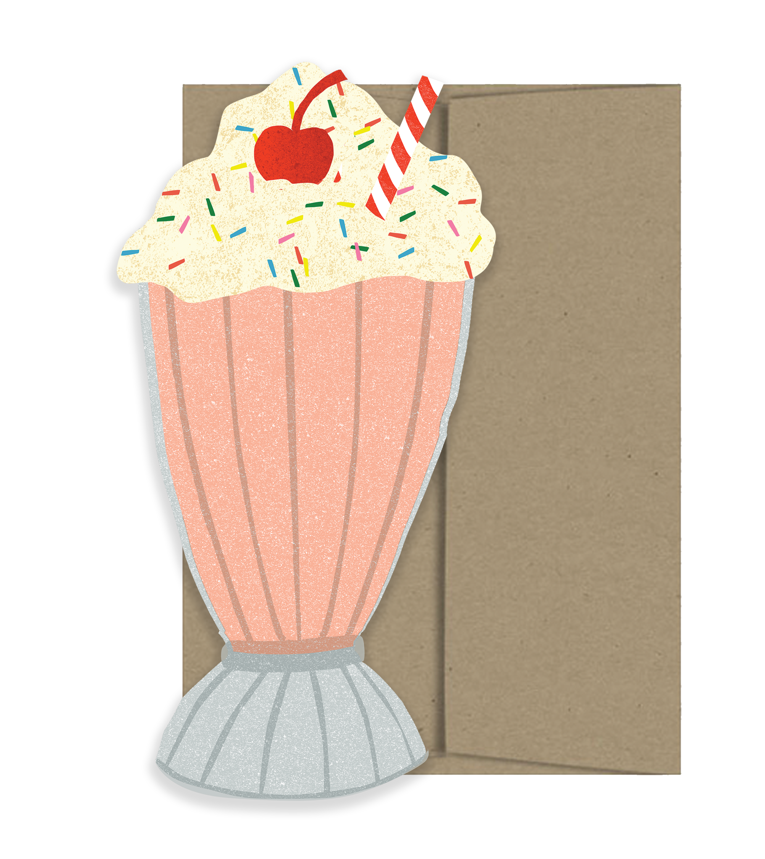 Card with a design of a pink milkshake with whipped cream, a cherry, and sprinkles on a brown background.