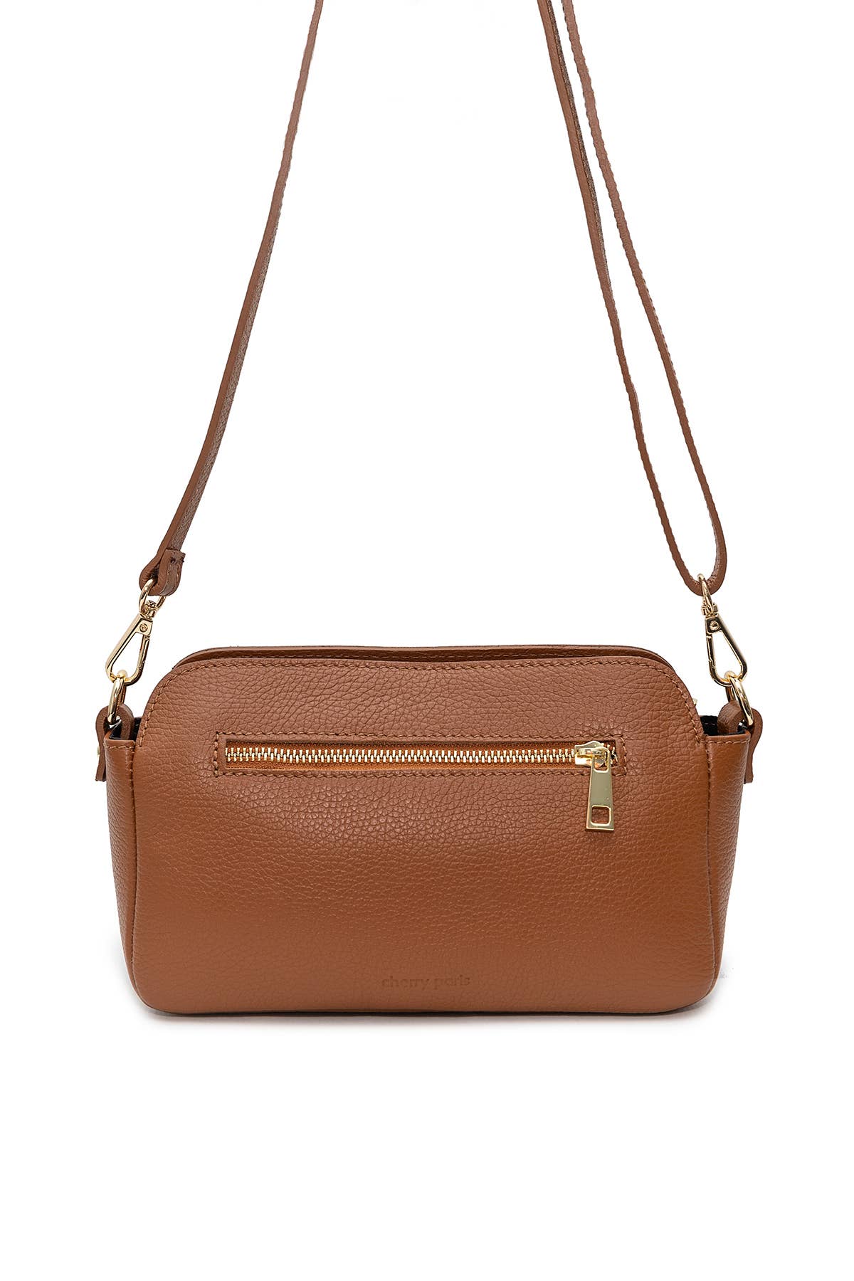 A brown pebbled leather crossbody bag with a gold zipper and gold-tone hardware, shown against a plain white background.