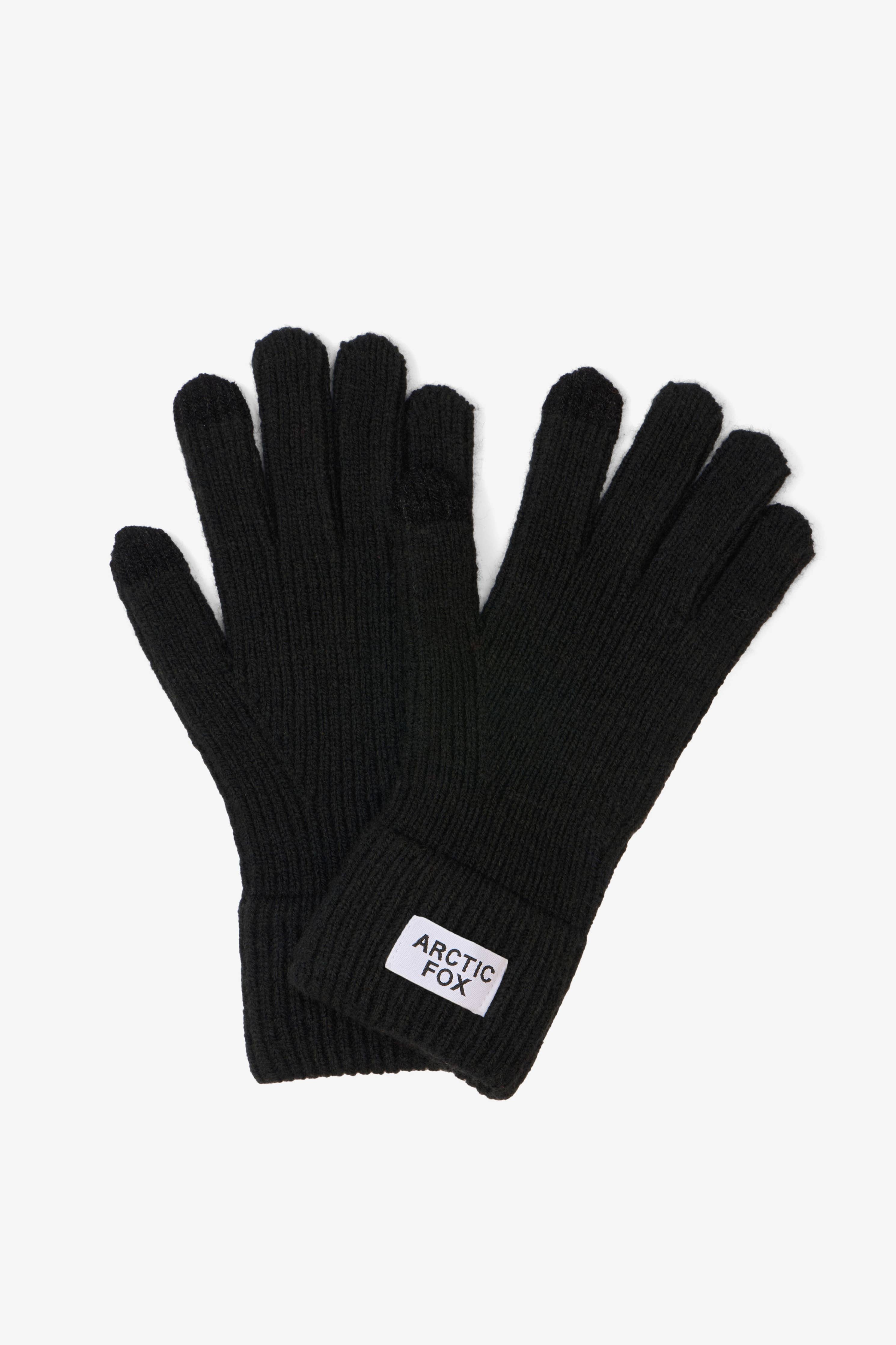 Black gloves with a visible brand label on a white background