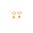 Cute white cat with pink ears, flat back gold earrings laying on a white background 