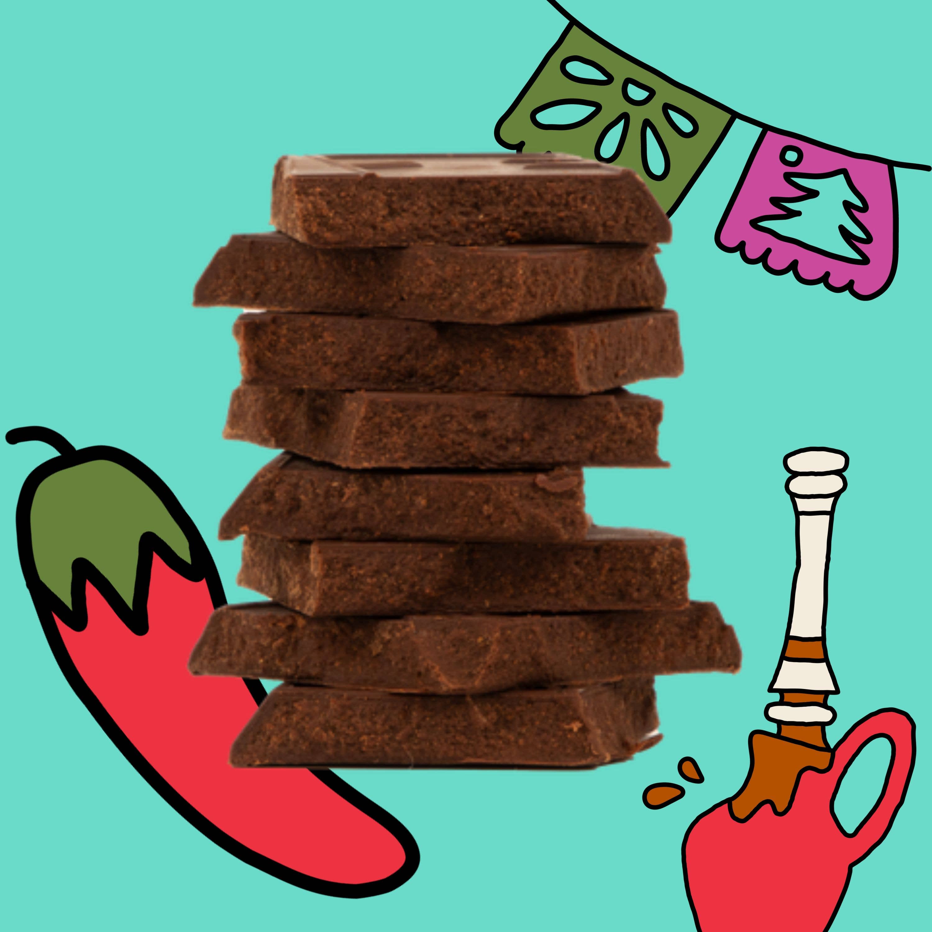 Stack of brown rectangular cookies with a colorful background featuring a chili pepper, tequila bottle, and flags.