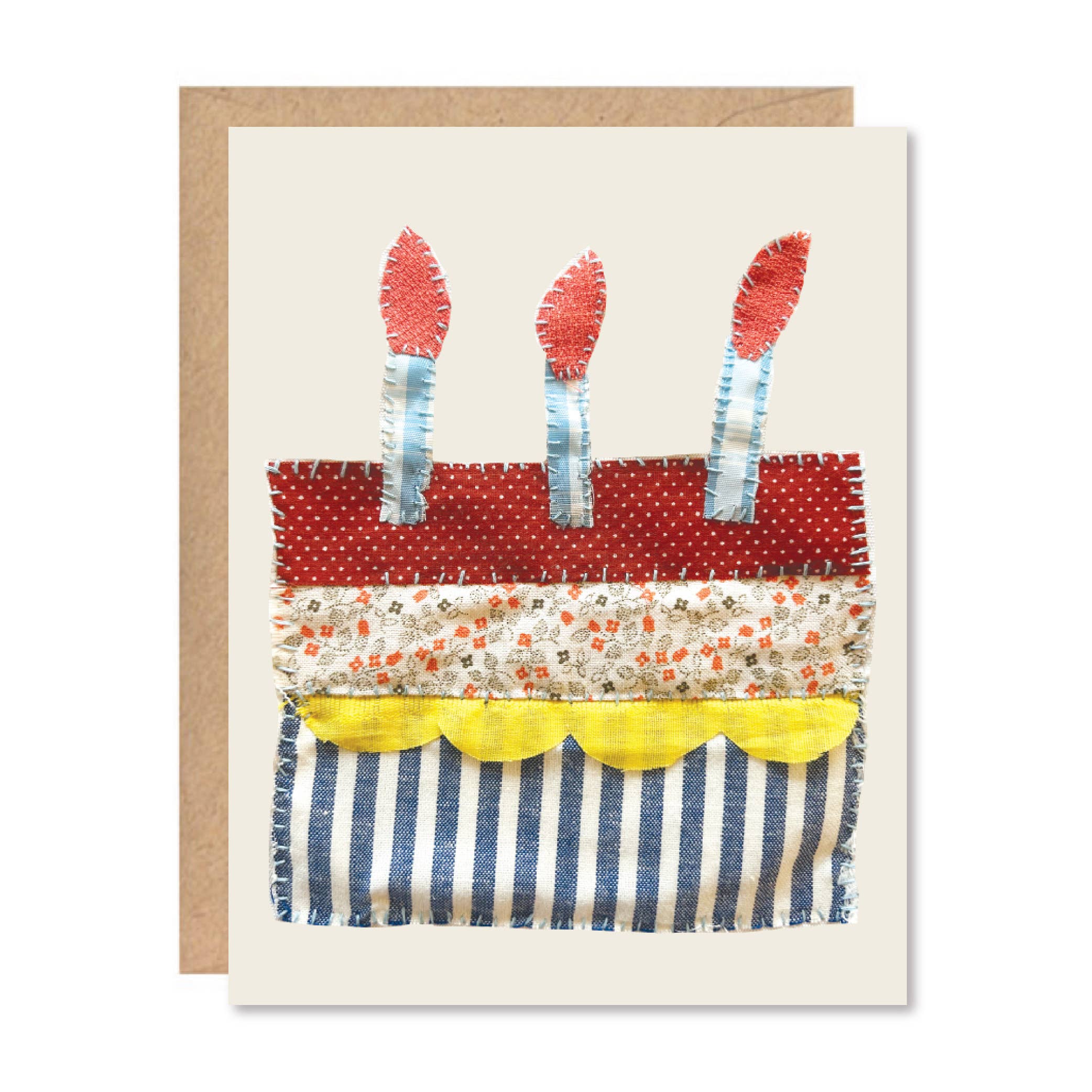 Card with a fabric cake design featuring candles on a white background