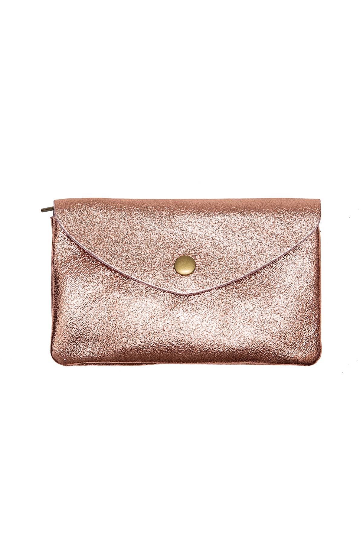 A metallic rose gold envelope clutch bag with a gold snap button closure, shown against a plain white background.