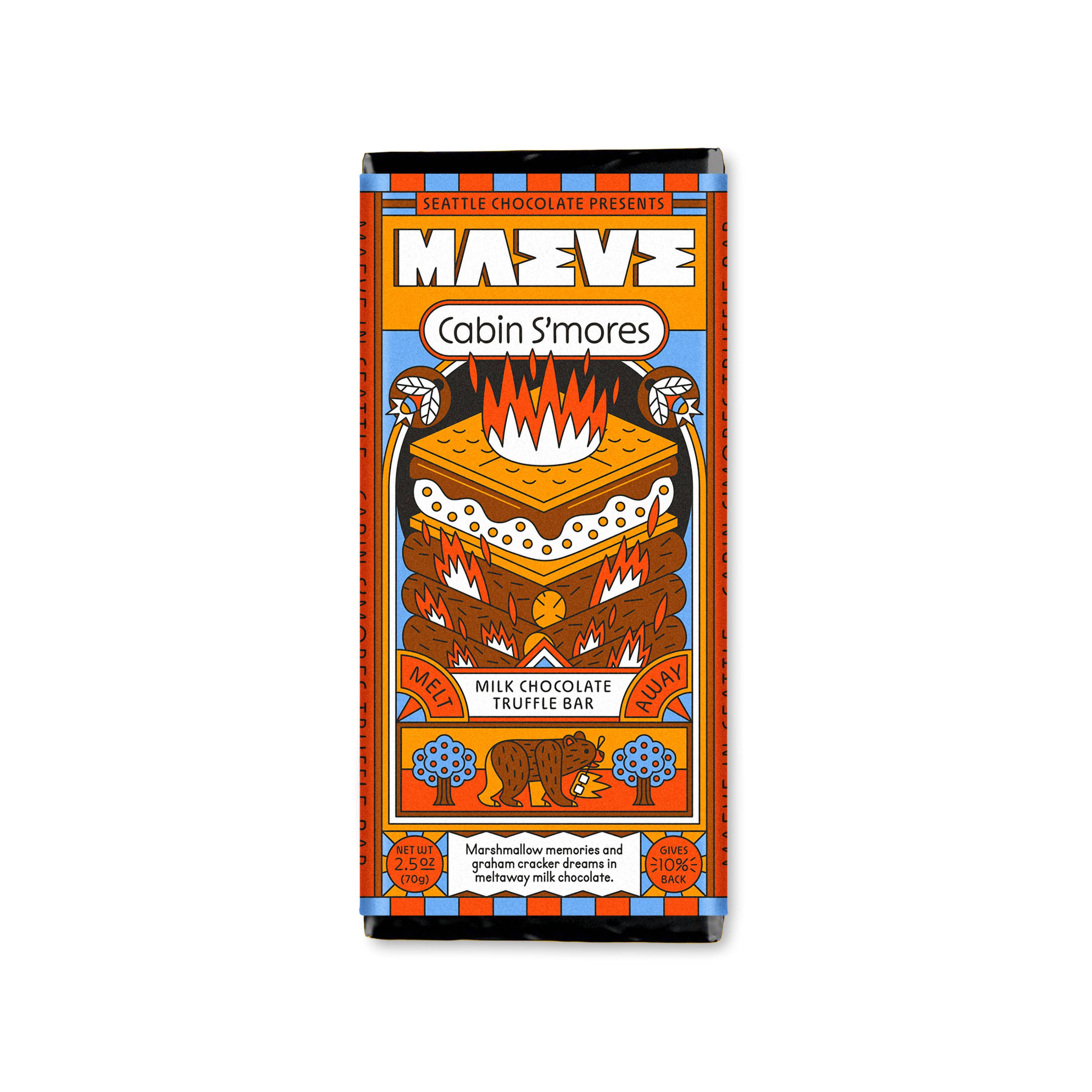 Chocolate bar packaging with a colorful design on a white background