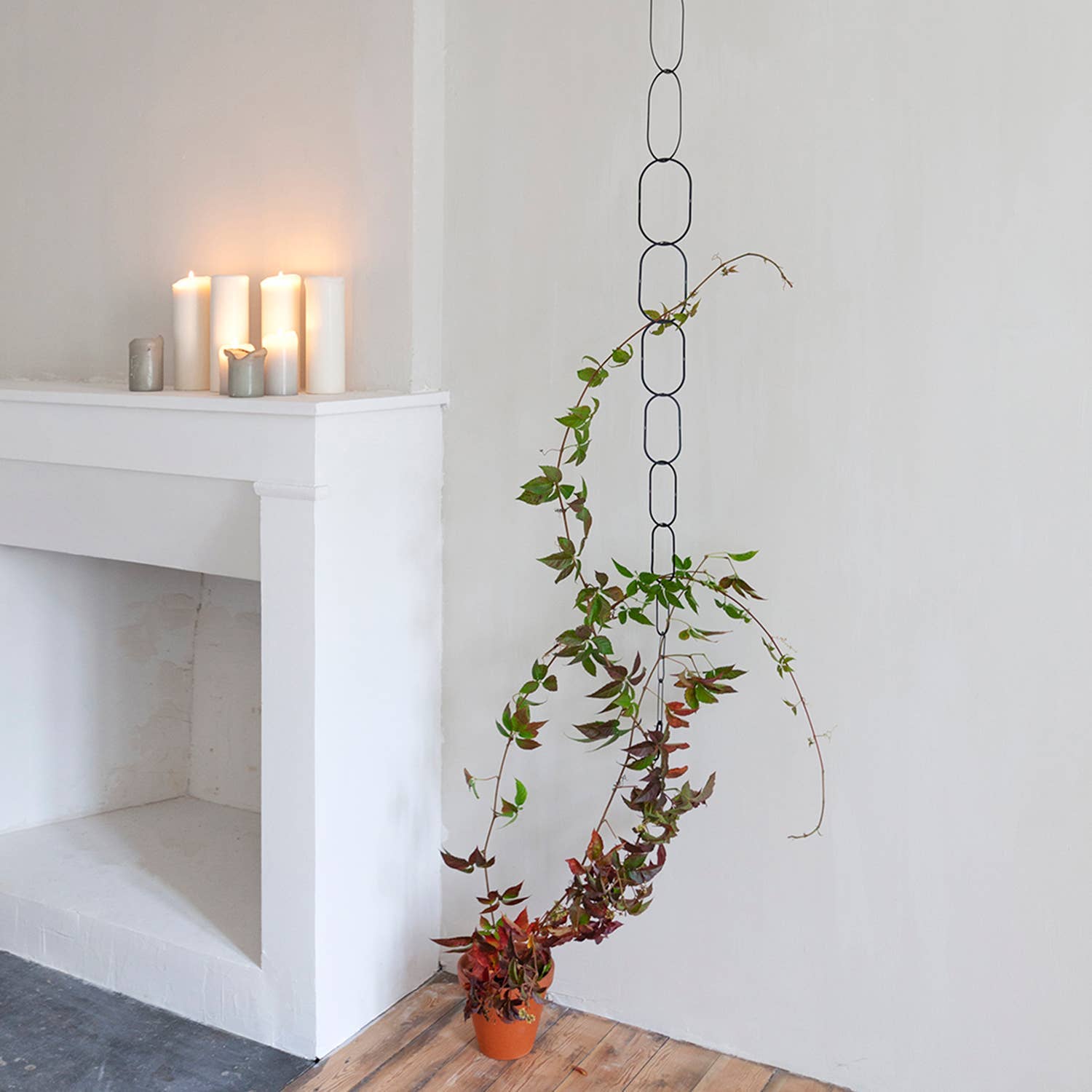 Hanging plant in a modern interior setting with candles on a mantelpiece.