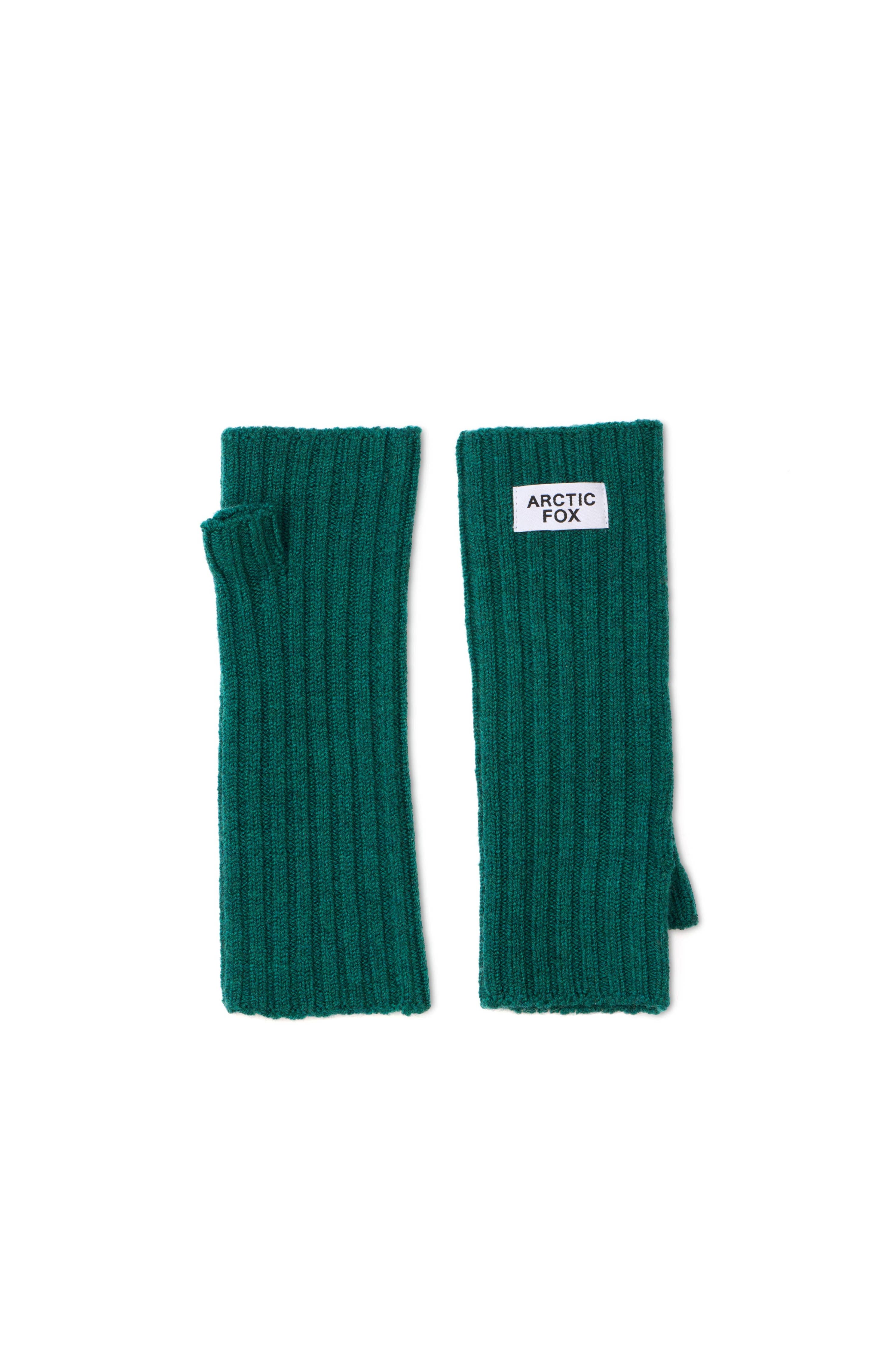 Pair of teal ribbed arm warmers with a visible brand label on a white background