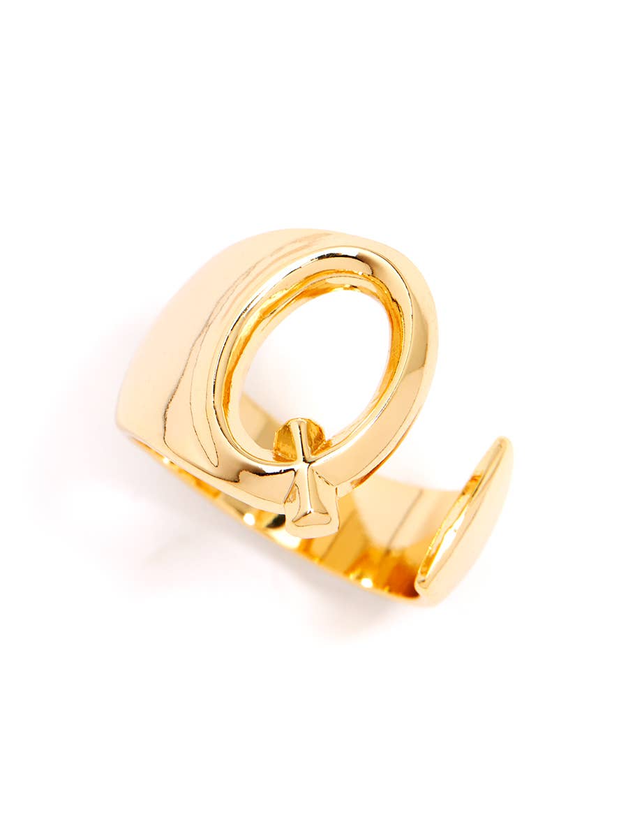 Gold adjustable letter ring on white background in letter Q