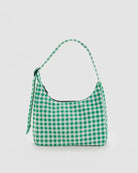 BAGGU Green gingham nylon shoulder bag sitting against white background 