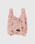 BAGGU pink reuseable bag with black swim, ballerina, bow, ribbons, girly, feminine details on white background