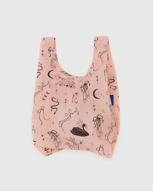 BAGGU pink reuseable bag with black swim, ballerina, bow, ribbons, girly, feminine details on white background