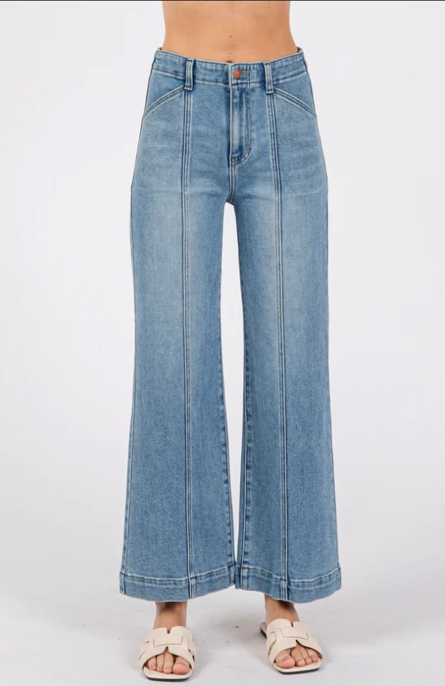 light blue jeans with Design of vertical lines body fit Paola Wide Leg Jeans