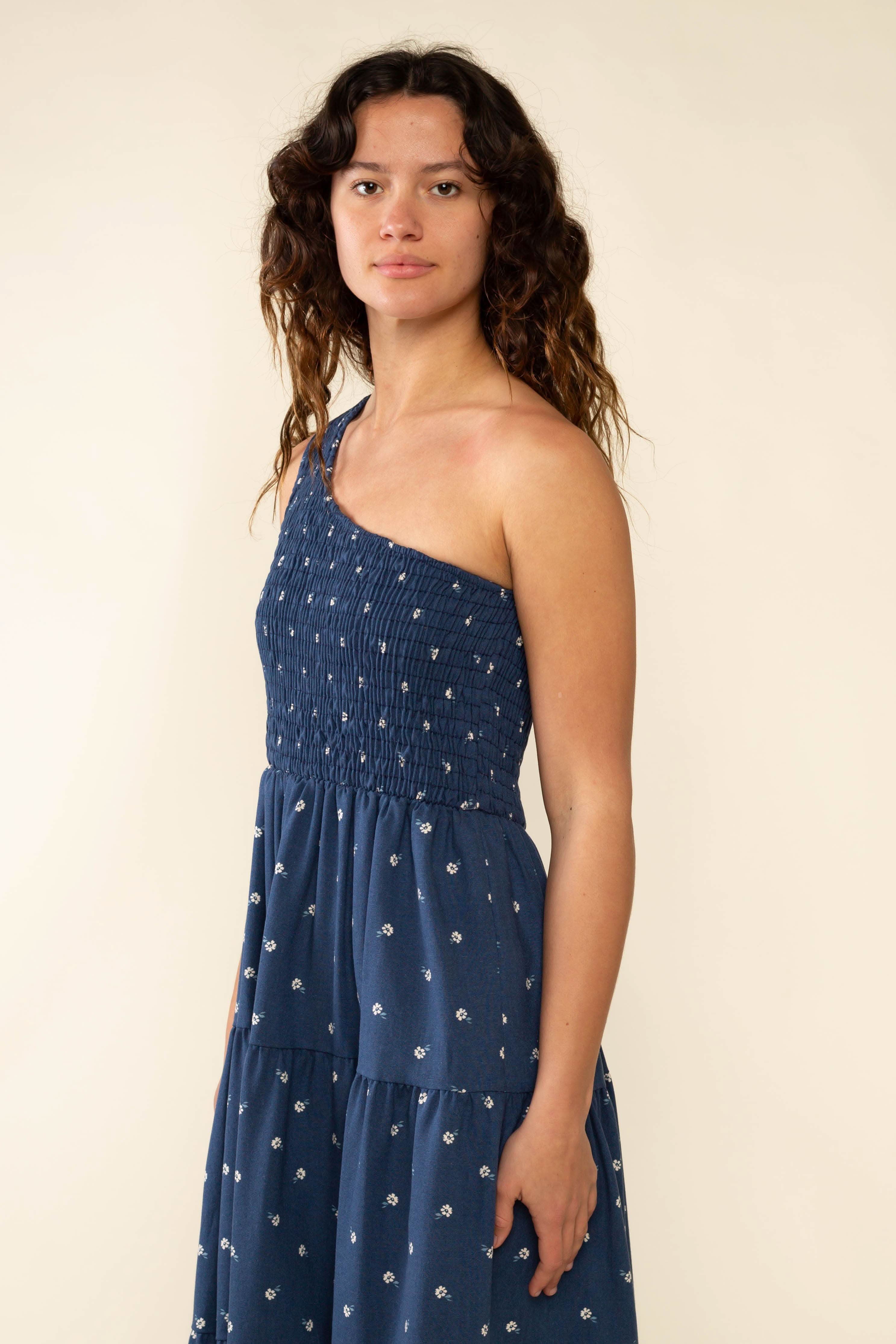 Luna One Shoulder Midi Dress Woman wearing a blue dress 