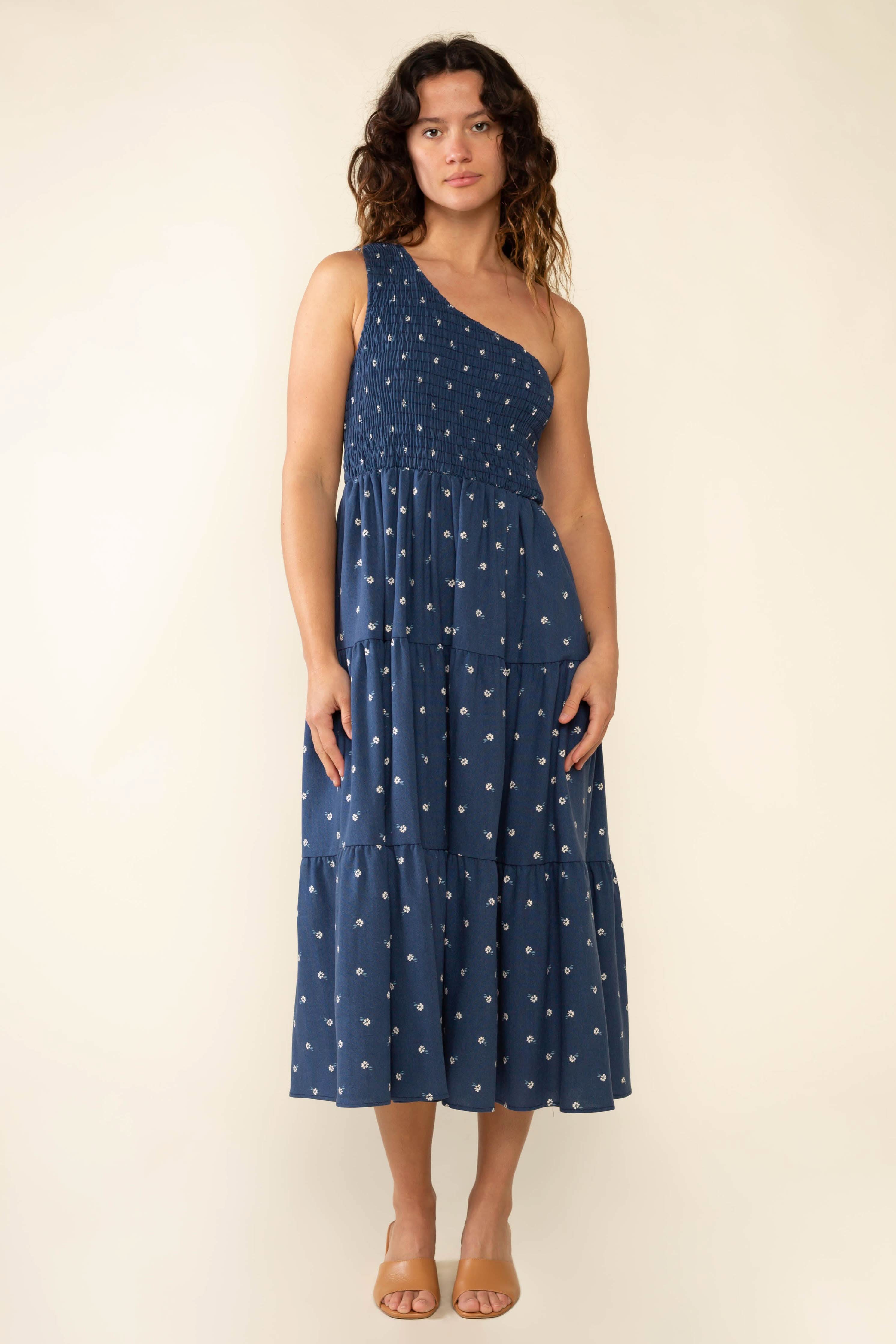 Luna One Shoulder Midi Dress Woman wearing a blue one-shoulder dress