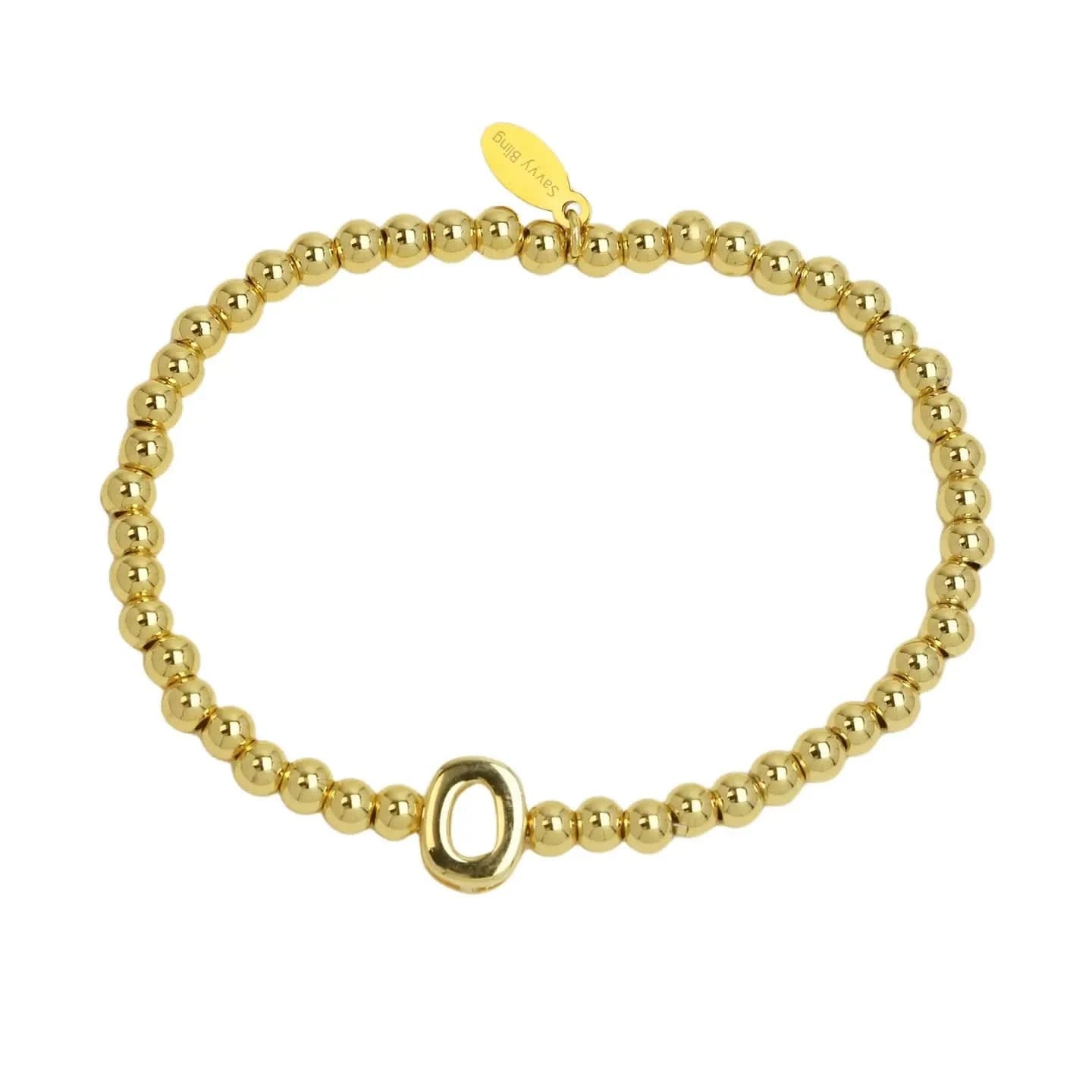 Gold beaded bracelet on a white background