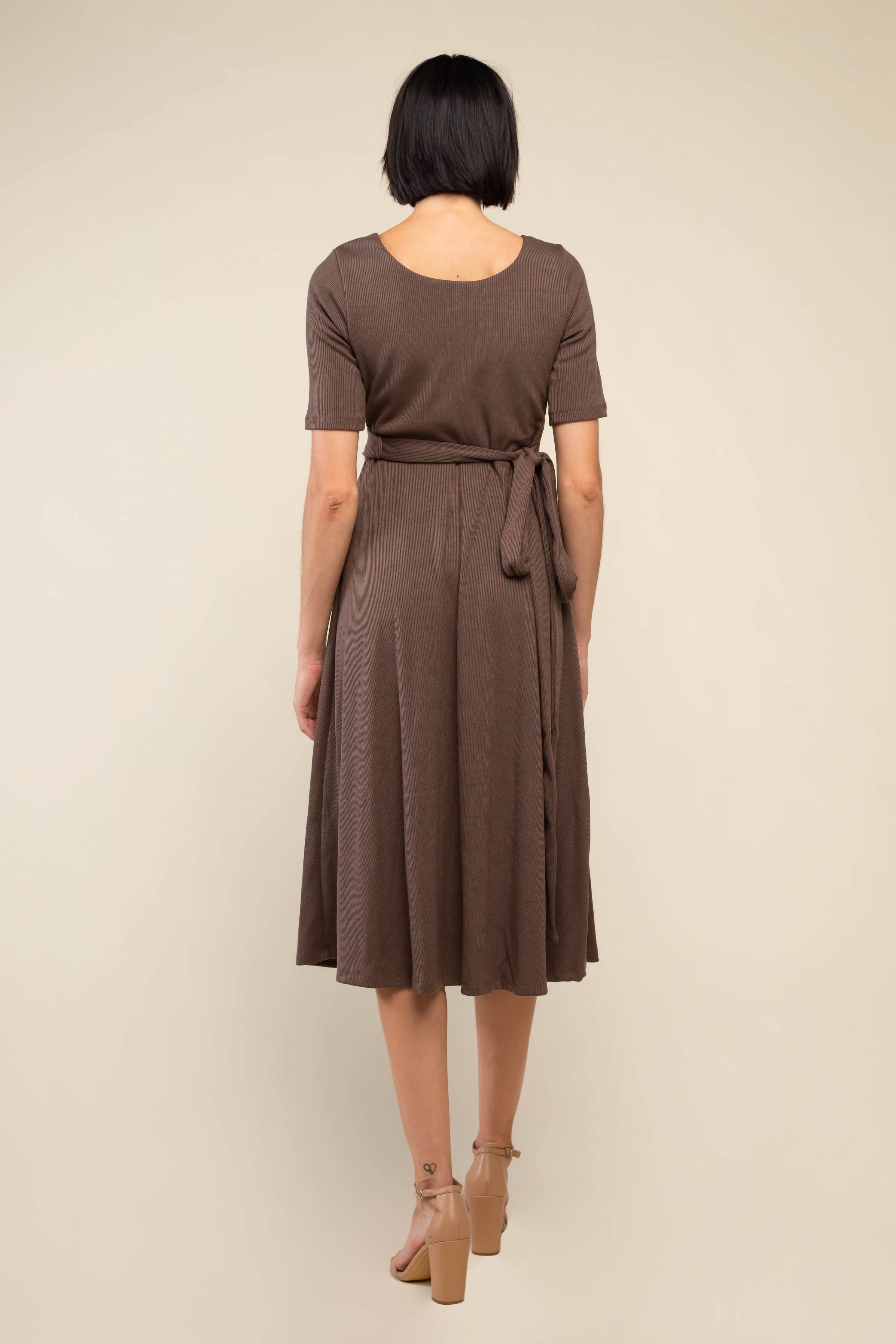Sarah Wrap Rib Dress - Made in L.A.
Women wearing a brown dress against a beige background
